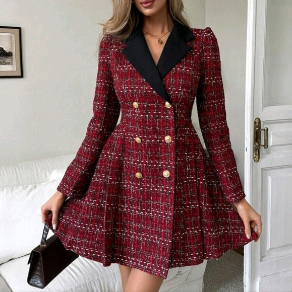 Women's Elegant Contrast Color Textured Fabric Long Sleeve Waist Cinched A-Line - Picture 1 of 4